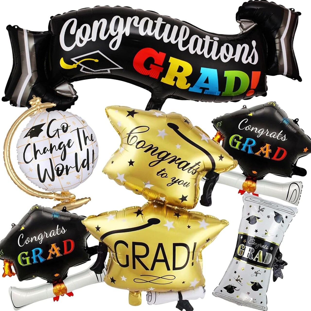 6Pcs Graduation Foil Balloons Set - Large "CONGRATS GRAD" Banner, Graduation Cap, Diploma & Globe Mylar Balloons - Class of 2026 Party Decorations for College, High School & Nursing School